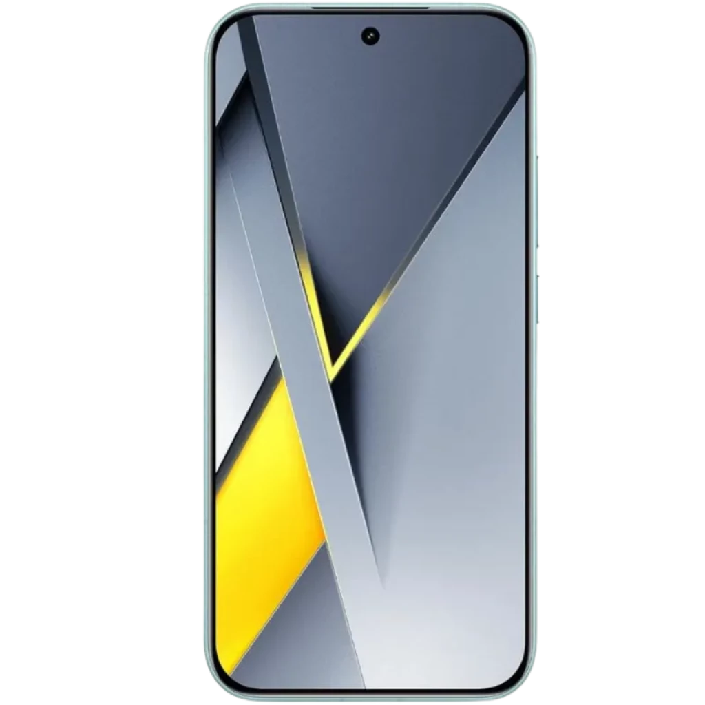 Xiaomi Poco F8 Pro 5G 12GB/256GB Azul con pantalla frontal casi sin bordes, cámara selfie central perforada y fondo gráfico gris con acento amarillo