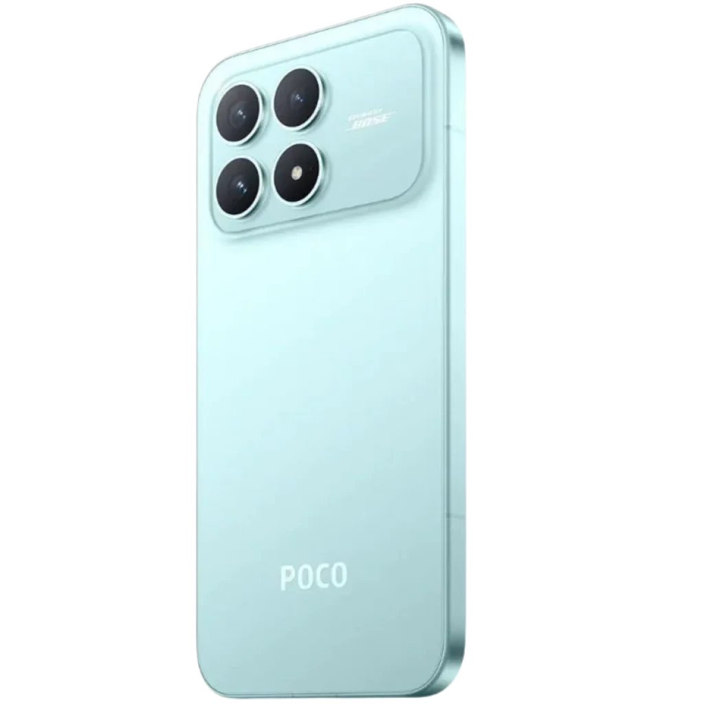 Xiaomi Poco F8 Pro 5G 12GB/256GB azul con acabado mate, módulo de cámara trasera cuadrado con cuatro lentes y bordes planos brillantes