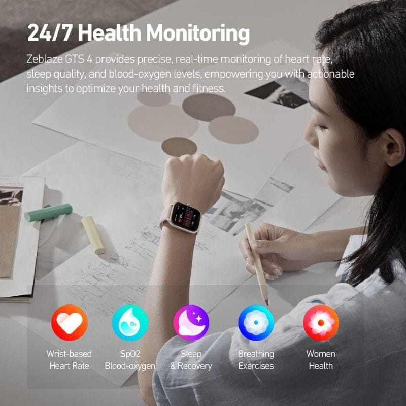 Zeblaze GTS 4 Negro, smartwatch con pantalla rectangular a color y correa negra; interfaz con monitor de pulso, SpO2, sueño, respiración y salud femenina