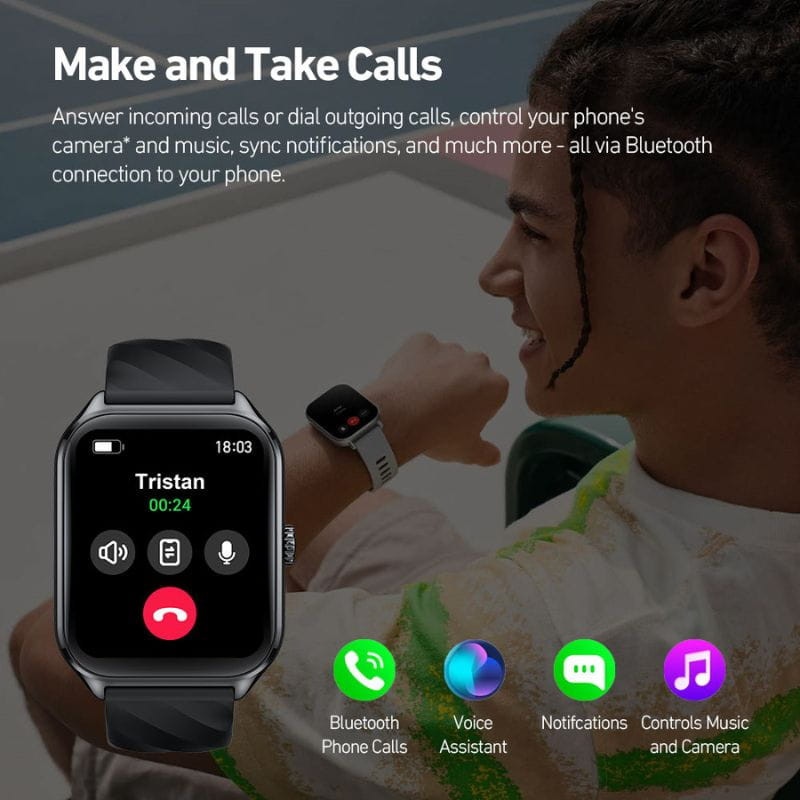 Zeblaze GTS 4 Negro – smartwatch con pantalla rectangular, correa negra texturizada y funciones visibles: llamadas Bluetooth, asistente de voz y