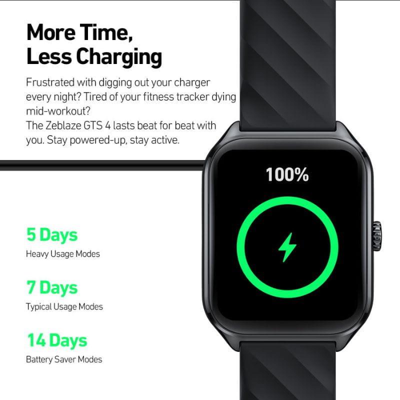 Zeblaze GTS 4 Negro – smartwatch con pantalla rectangular, correa de silicona negra, indicador de carga al 100% y autonomía destacada hasta 14 días