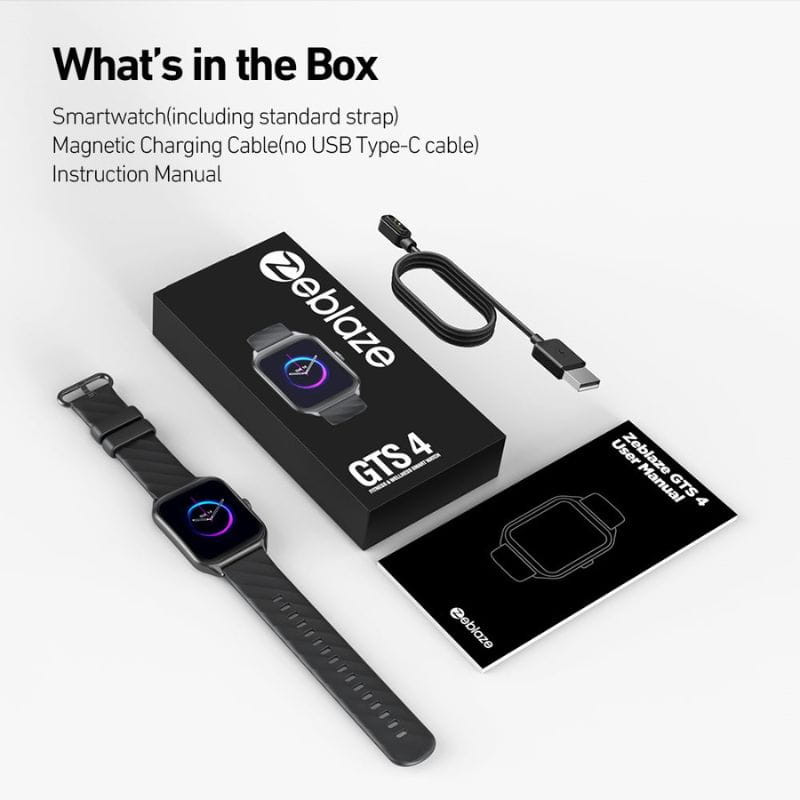Zeblaze GTS 4 Negro: smartwatch con pantalla cuadrada, correa negra, caja incluida, cable de carga magnético sin USB-C y manual de instrucciones