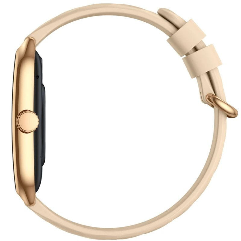 Zeblaze GTS 4 Doré - Montre connectée au boîtier doré fin, profil ultra mince, couronne latérale, écran noir et bracelet beige ajustable élégamment