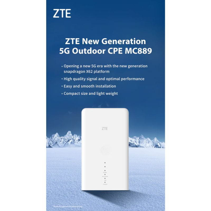 ZTE MC889 ODU 5G – CPE externa compacta e leve, cor branca, LEDs frontais de status, design minimalista para instalação fácil e sinal 5G otimizado
