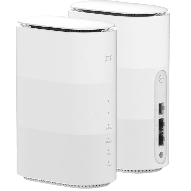 ZTE MC888B 5G LTE Router blanco, diseño vertical con bordes curvos, LEDs de estado frontales y puertos traseros LAN, TEL y botón WPS