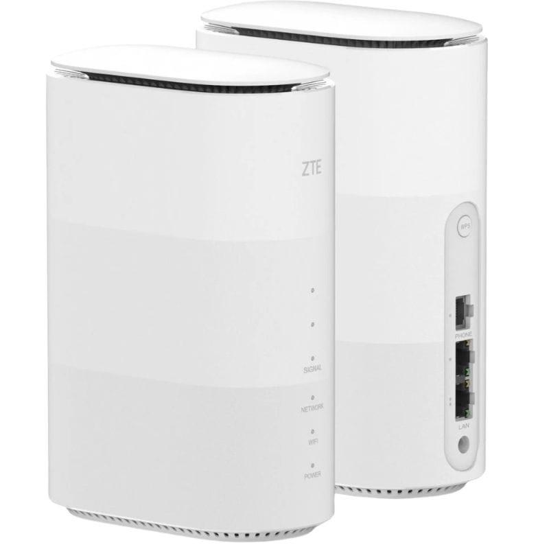 ZTE MC888B 5G LTE Router blanco, diseño vertical con bordes curvos, LEDs de estado frontales y puertos traseros LAN, TEL y botón WPS
