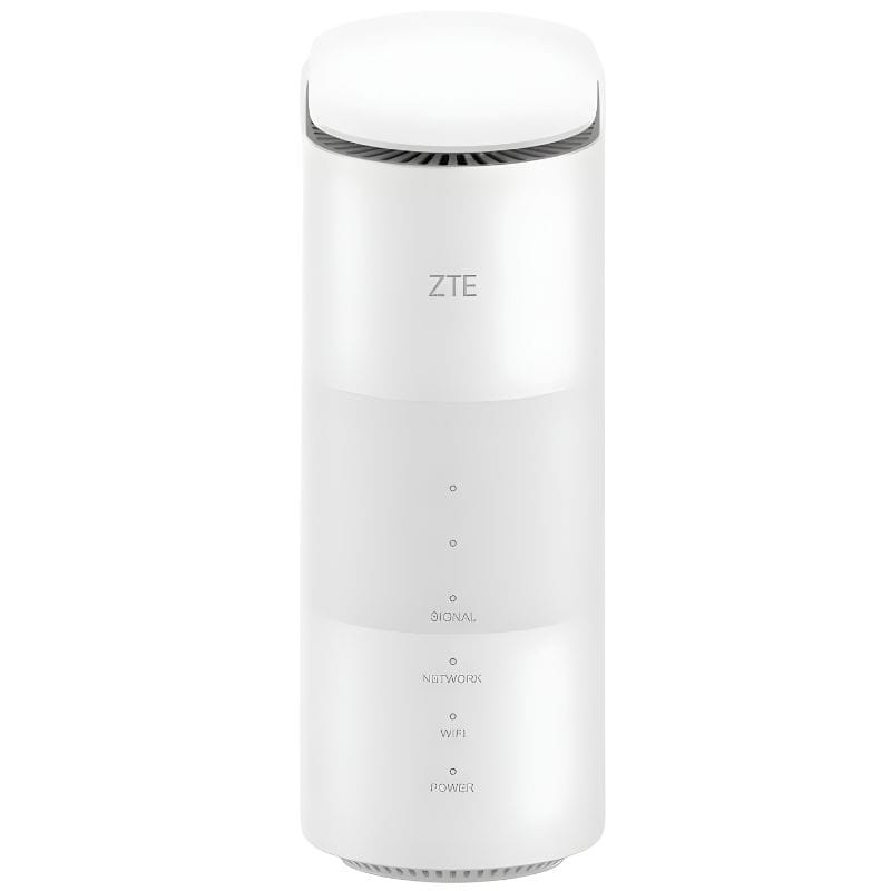 ZTE MC888B 5G LTE Router blanco vertical, diseño cilíndrico minimalista, LEDs frontales de señal, red, wifi y energía, rejillas de ventilación superiores