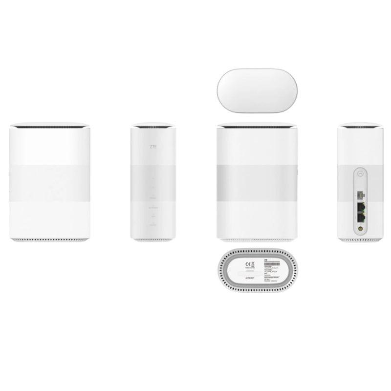ZTE MC888B 5G LTE Router blanco cilindro compacto con LEDs frontales, ranuras de ventilación, puertos LAN y WAN traseros, vista superior e inferior