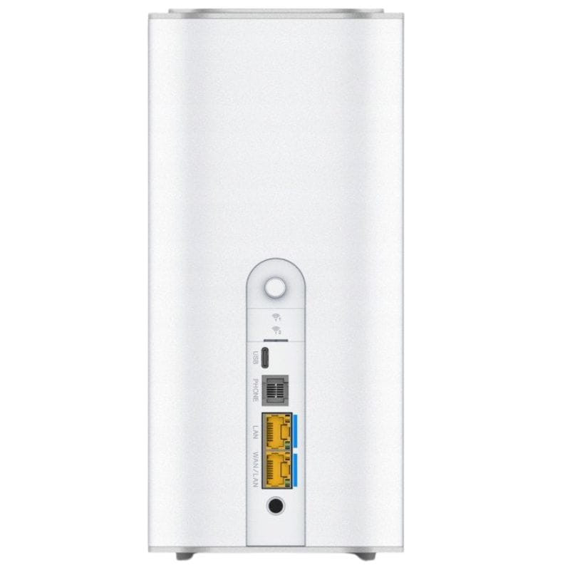ZTE G5 Ultra 5G - Router em torre branca, painel traseiro com porta WAN, 2 portas LAN gigabit, porta telefônica, botão WPS e indicador LED de sinal Wi‑Fi