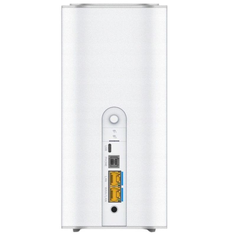 ZTE G5 Ultra 5G - Router em torre branca, painel traseiro com porta WAN, 2 portas LAN gigabit, porta telefônica, botão WPS e indicador LED de sinal Wi‑Fi