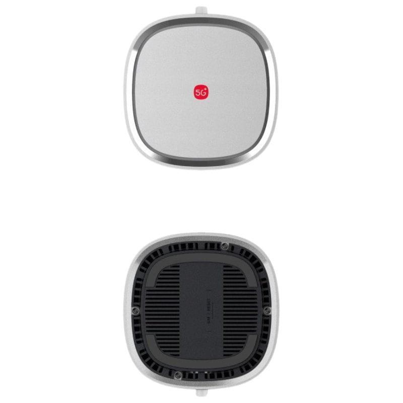 ZTE G5 Ultra 5G - Router quadrado cinza com bordas arredondadas, logo 5G vermelho no topo e base preta com grelhas de ventilação e portas técnicas