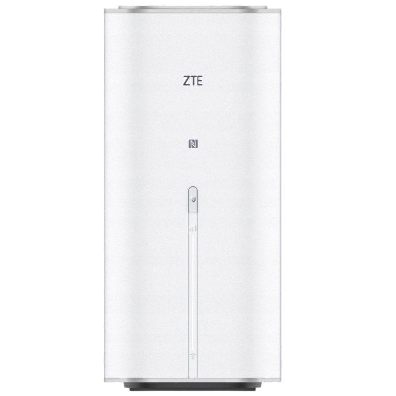 ZTE G5 Ultra 5G - Router em torre branca minimalista, logo ZTE frontal, ícone NFC central e faixa de LEDs vertical indicando status de conexão