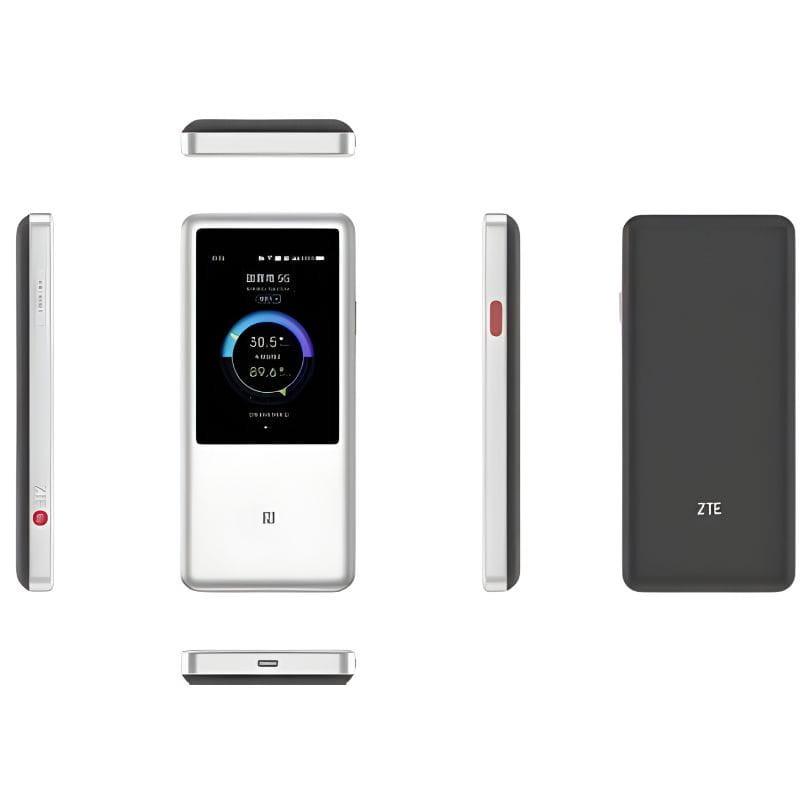ZTE U60 5G Wi‑Fi – router móvel compacto em preto e branco, tela frontal com indicador circular de rede e bateria, botões laterais e portas USB‑C
