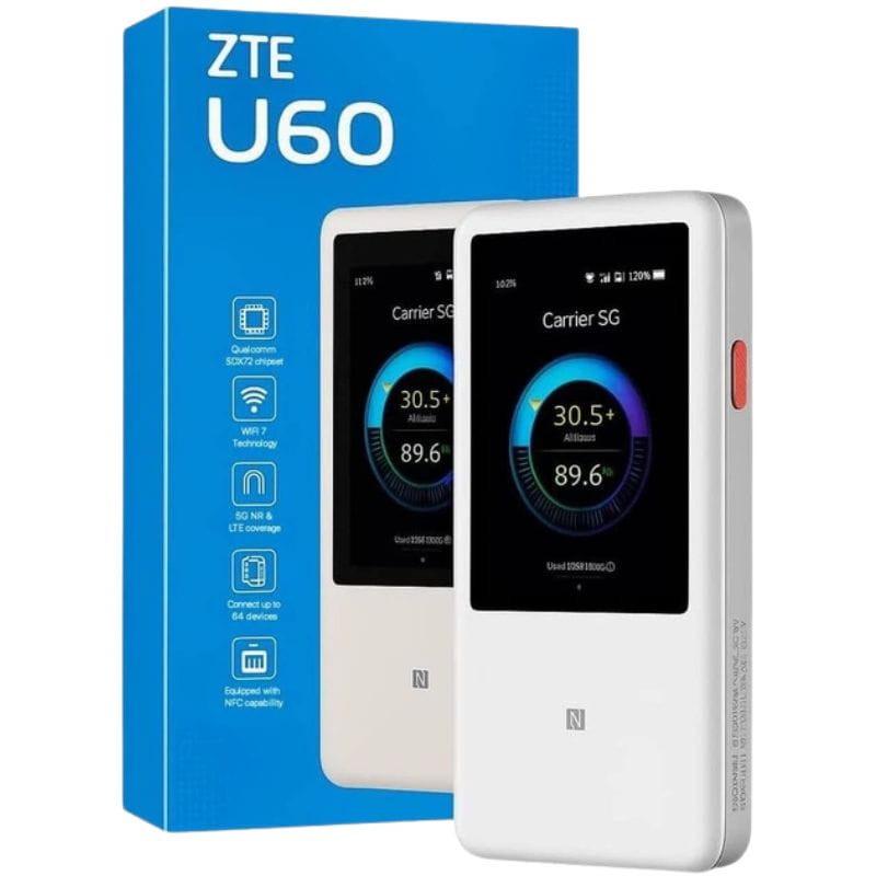 ZTE U60 5G Wi-Fi – router portátil branco com tela colorida exibindo velocidade, bordas arredondadas, botão lateral vermelho e ícone NFC na frente