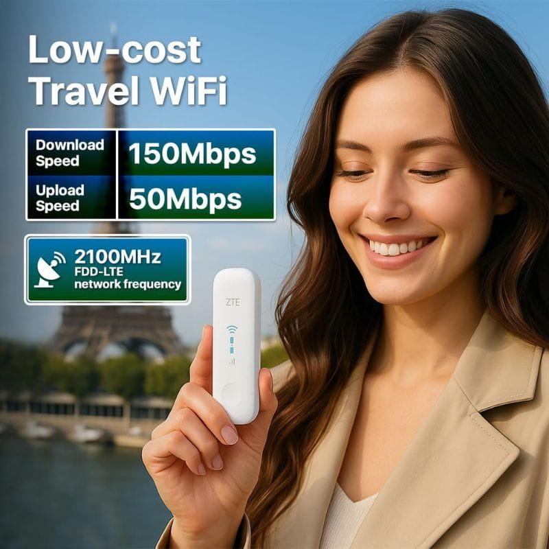 ZTE MF79N Wi‑Fi -Módem USB blanco, compacto y portátil; indicador LED azul, tapa protectora y diseño minimalista ideal para viajes y conectividad LTE 2100