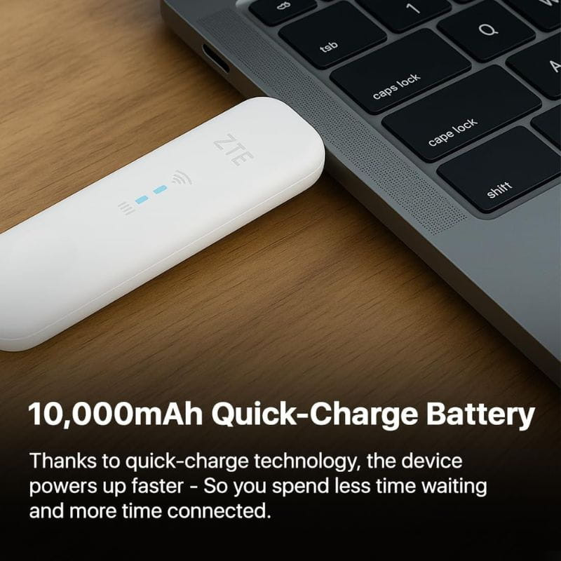ZTE MF79N Wi‑Fi Módem USB blanco, compacto, con indicador LED y tapa, conectado a laptop. Diseño minimalista para internet móvil rápido y estable.