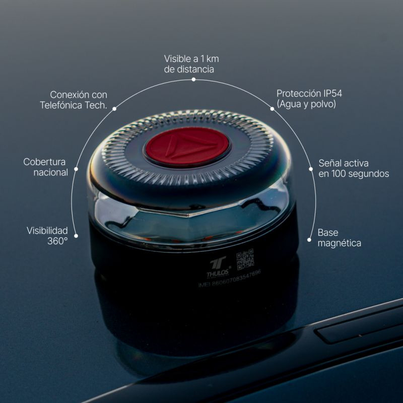 Balise de détresse Thulos TH-V16-2 avec base magnétique, visibilité 360°, portée 1 km, LED rouge centrale, boîtier transparent IP54, activation rapide