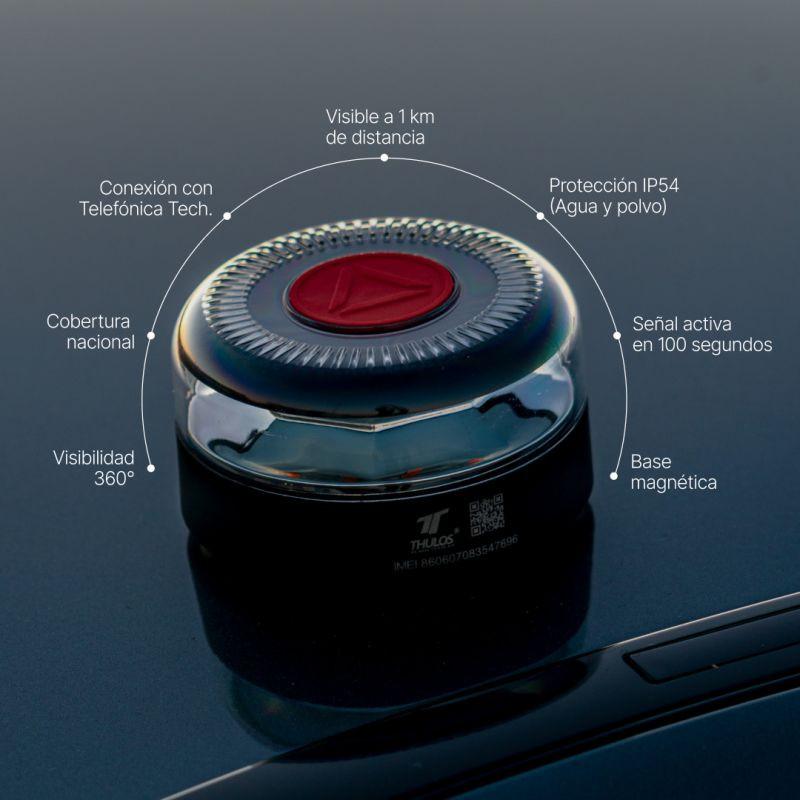 Balise de détresse Thulos TH-V16-2 avec base magnétique, visibilité 360°, portée 1 km, LED rouge centrale, boîtier transparent IP54, activation rapide