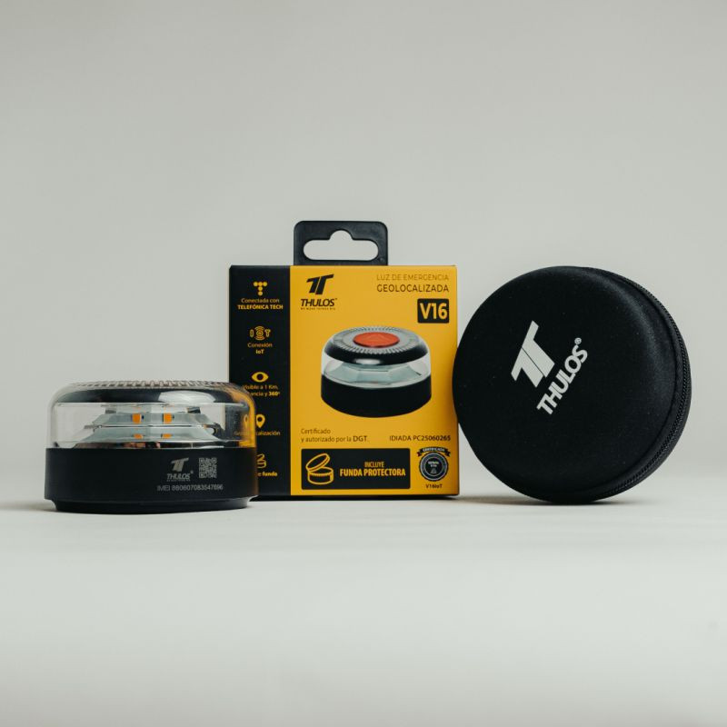 Balise de détresse Thulos TH-V16-2 avec lumière LED orange, base magnétique, réflecteurs 360°, homologuée V16, étui rigide noir zippé inclus