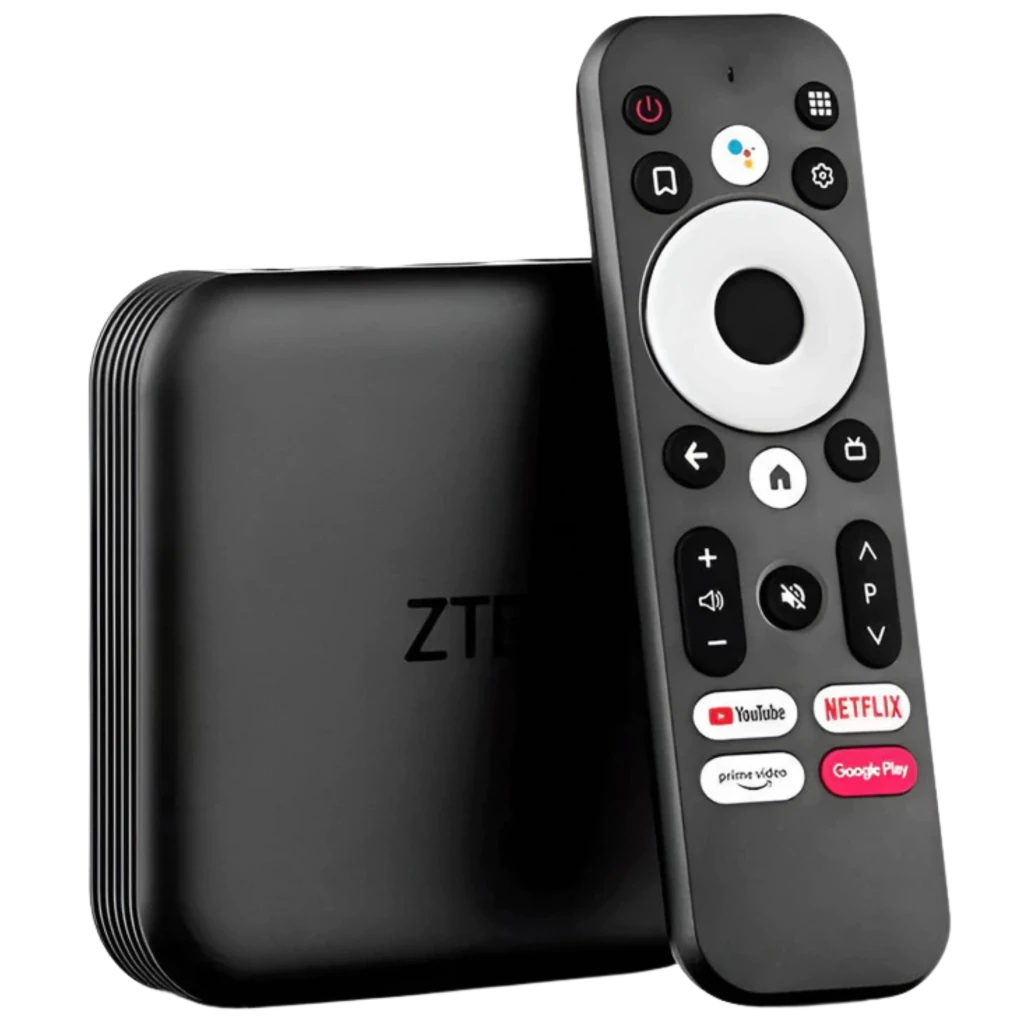 Caja ZTE ZXV10 B866V2K negra con mando Bluetooth; botones Netflix, YouTube y Google Play. Diseño compacto, puertos laterales, LED frontal discreto.