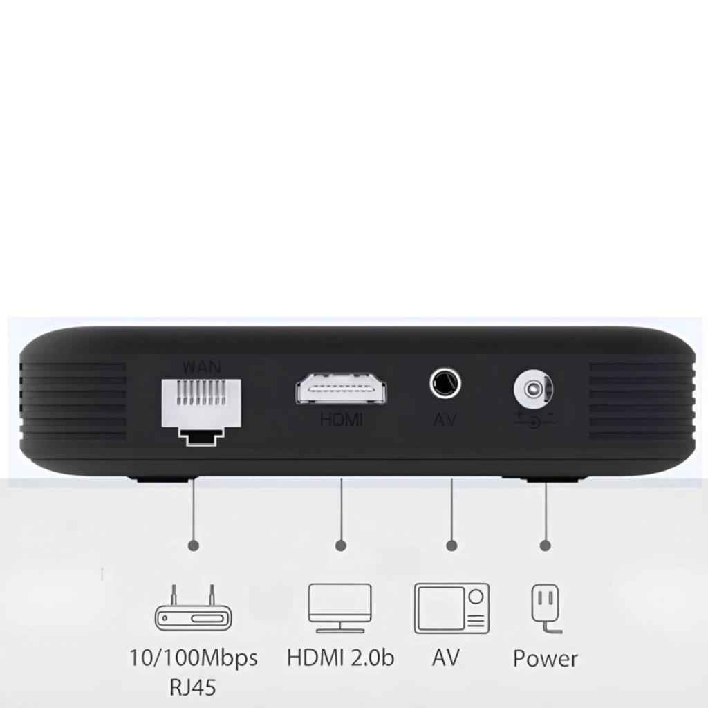 ZTE ZXV10 B866V2K: panel trasero con puertos WAN RJ45, HDMI 2.0b, AV y energía. Caja negra compacta con ventilación lateral, ideal para 4K HDR10+ WiFi 5