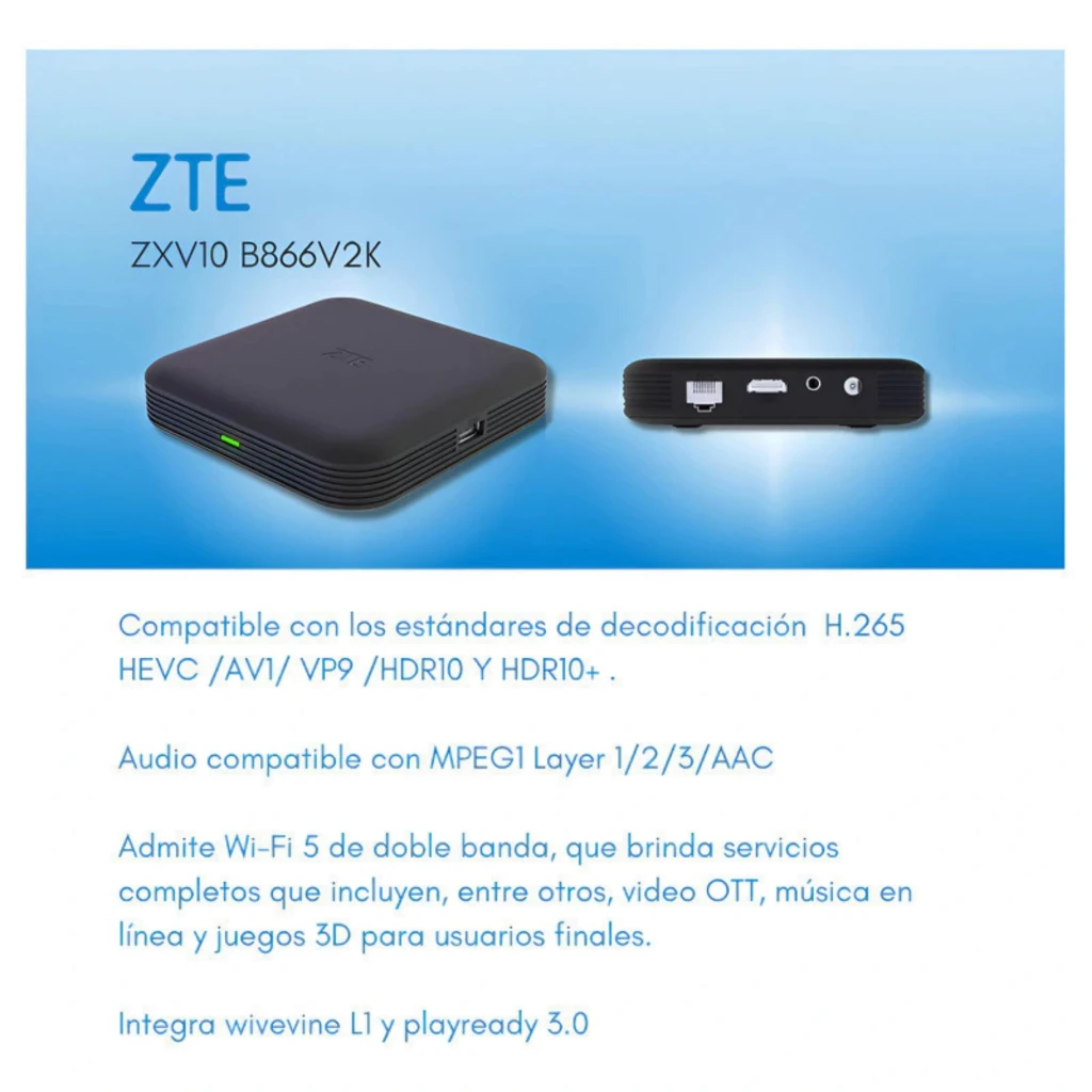 ZTE ZXV10 B866V2K: caja negra compacta con LED frontal, puertos USB y AV laterales. Soporta 4K, WiFi 5 y HDR10+ para streaming fluido y colores vivos.