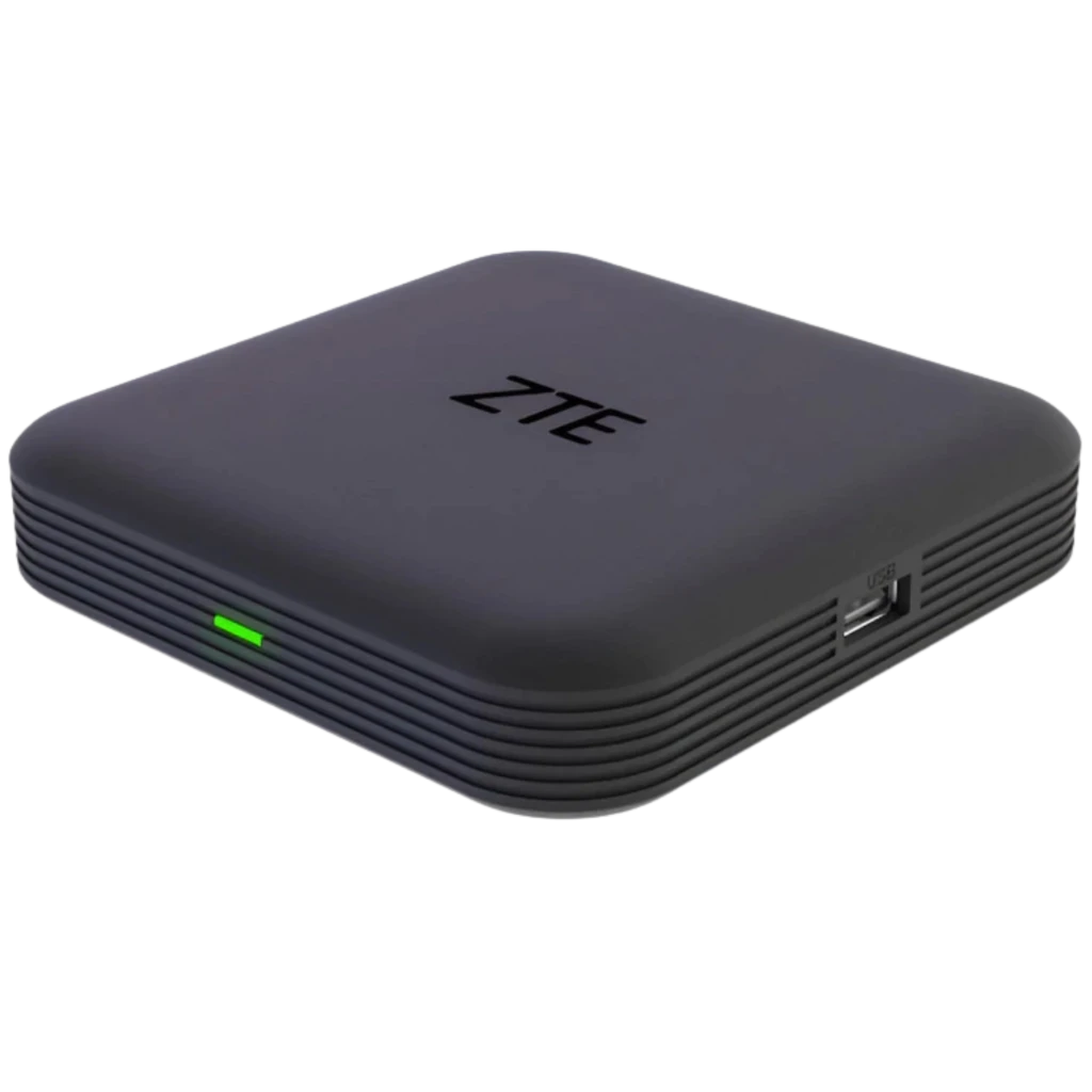 Caja negra compacta ZTE ZXV10 B866V2K con bordes redondeados, luz LED verde frontal, puerto USB lateral y diseño minimalista para reproductor 4K HDR10+ WiFi 5