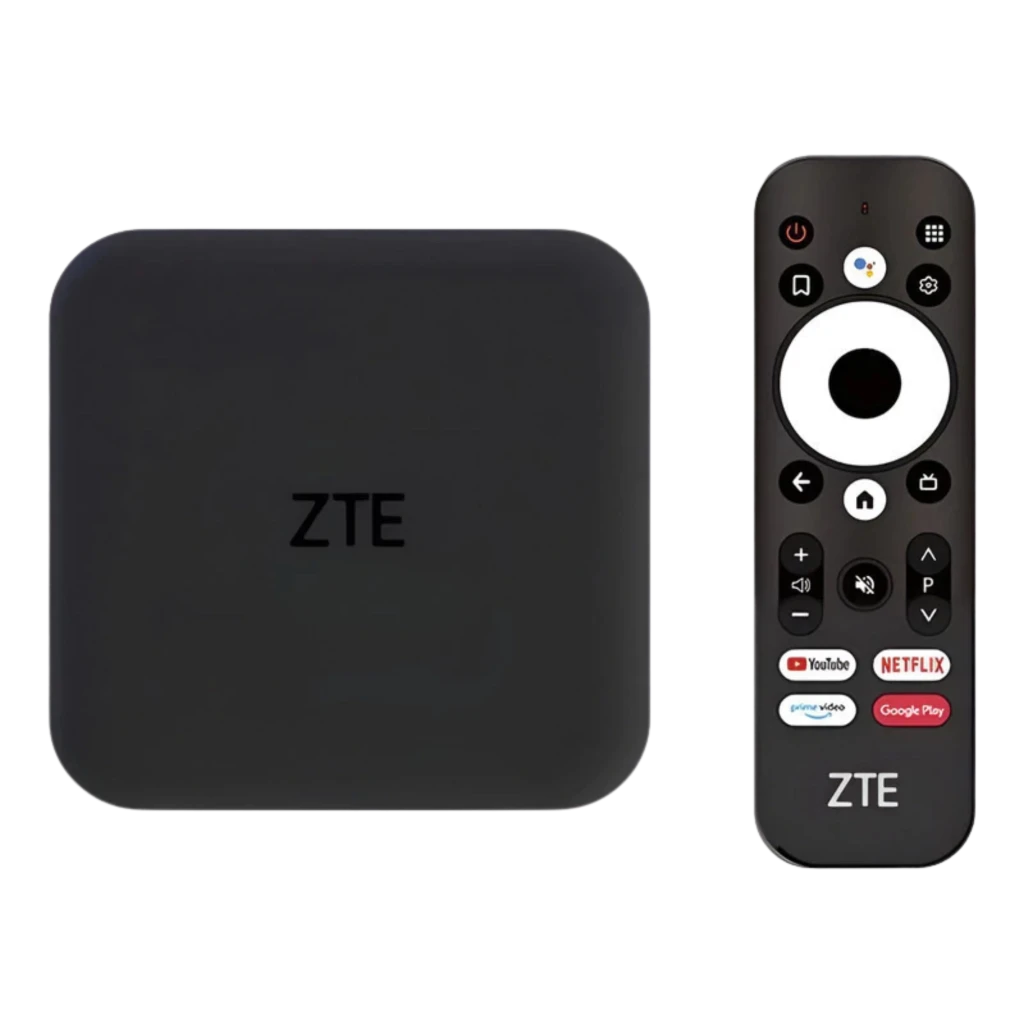 ZTE ZXV10 B866V2K: caja multimedia negra compacta con logo ZTE y control remoto con botones dedicados a YouTube, Netflix y Google Play, compatible 4K HDR10+