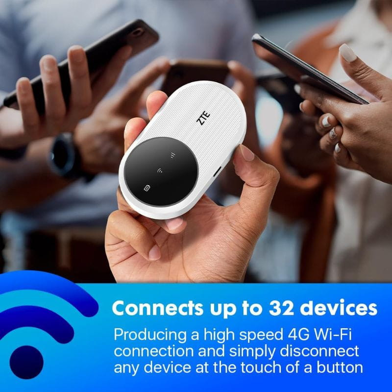 Router móvil ZTE U10 WiFi 6 4G LTE blanco, compacto y portátil; panel circular negro con iconos táctiles; conecta hasta 32 dispositivos en movimiento