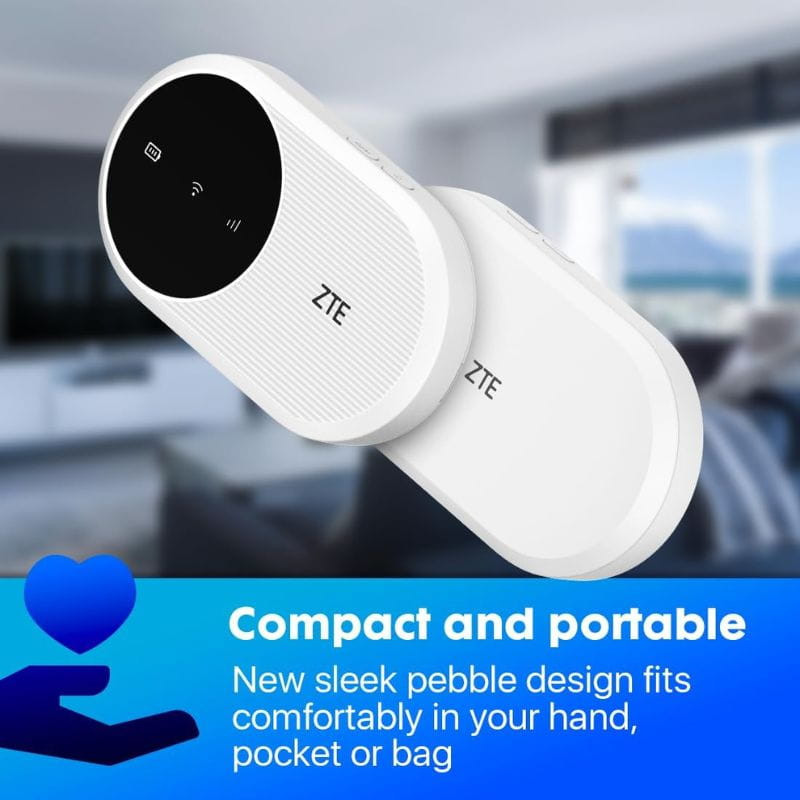 Router ZTE U10 WiFi 6 4G LTE compacto y portátil, diseño ovalado blanco tipo guijarro, panel negro con iconos LED, bordes redondeados para bolsillo o bolso