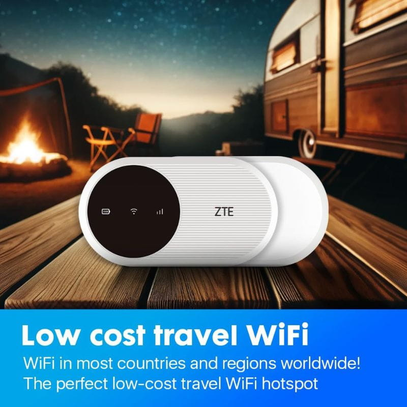 ZTE U10 WiFi 6 4G LTE: hotspot móvil compacto en blanco, pantalla circular con iconos de señal y batería, carcasa texturizada, ideal para viajes y camping