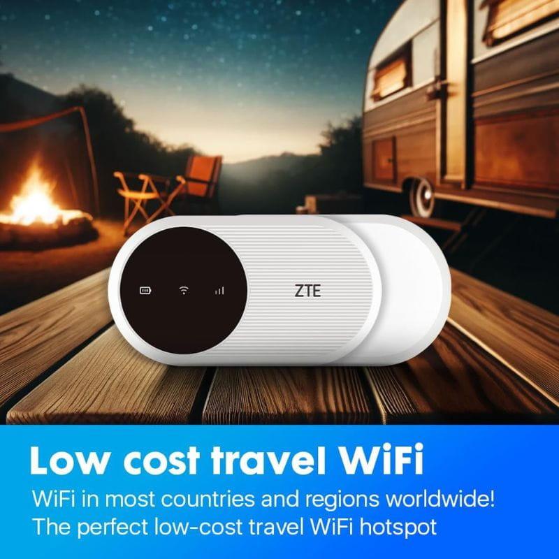 ZTE U10 WiFi 6 4G LTE: hotspot móvil compacto en blanco, pantalla circular con iconos de señal y batería, carcasa texturizada, ideal para viajes y camping