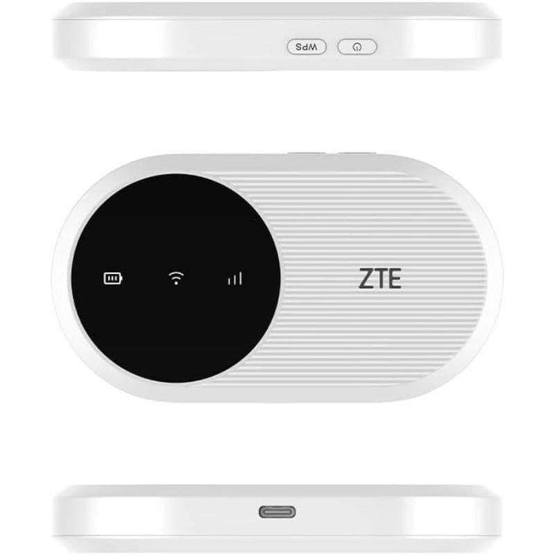 ZTE U10 WiFi 6 4G LTE, router móvil compacto blanco con pantalla LED circular, indicadores de señal y batería, puerto USB-C y botón WPS en el lateral