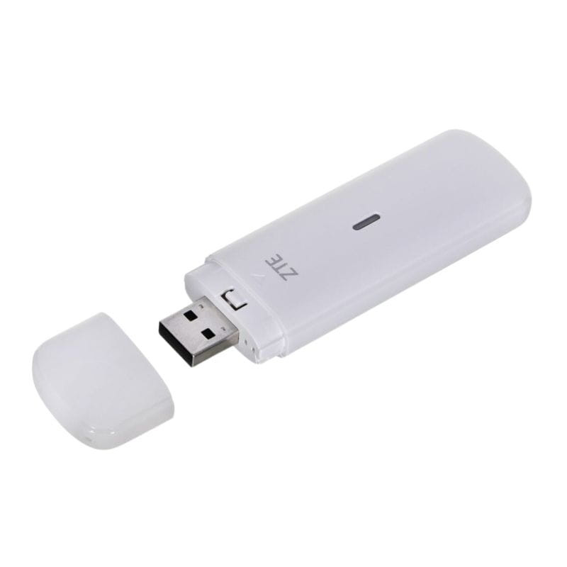 ZTE MF833N Modem USB 4G LTE branco, compacto, tampa removível, conector USB exposto, indicador LED central e acabamento liso minimalista