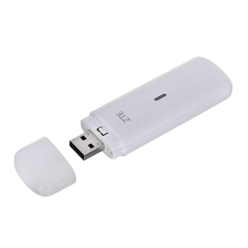 ZTE MF833N Modem USB 4G LTE branco, compacto, tampa removível, conector USB exposto, indicador LED central e acabamento liso minimalista