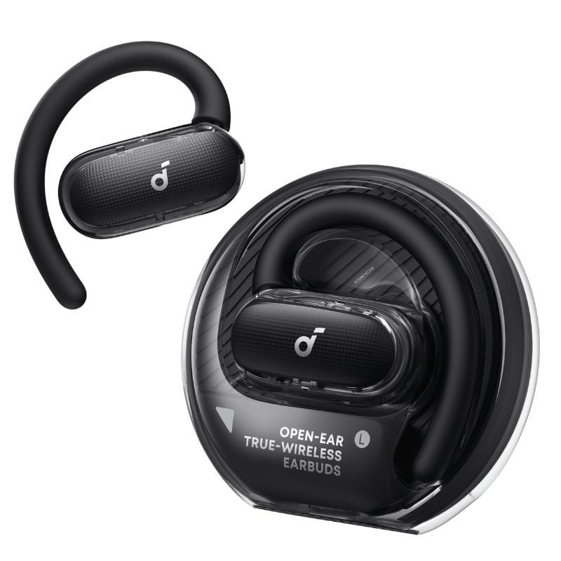 Soundcore V40i Preto - Auriculares Bluetooth open-ear, design em gancho preto, corpo compacto com logo d, case circular transparente e indicação L