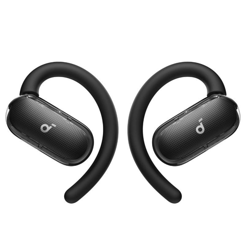 Soundcore V40i Preto - Auriculares Bluetooth com design esportivo, earhooks curvos, módulos ovais texturizados e logo discreto; ajuste seguro e leve.
