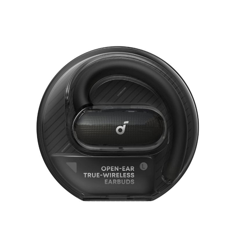 Soundcore V40i Preto – estojo redondo preto com fone auricular open-ear esquerdo visível, design True-Wireless elegante com logotipo anker ao centro