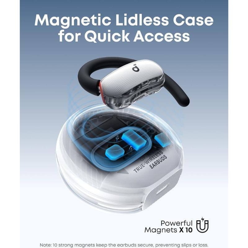 Soundcore V40i Blanco auriculares Bluetooth con estuche magnético sin tapa, acceso rápido. Diseño ergonómico con gancho y detalles transparentes.