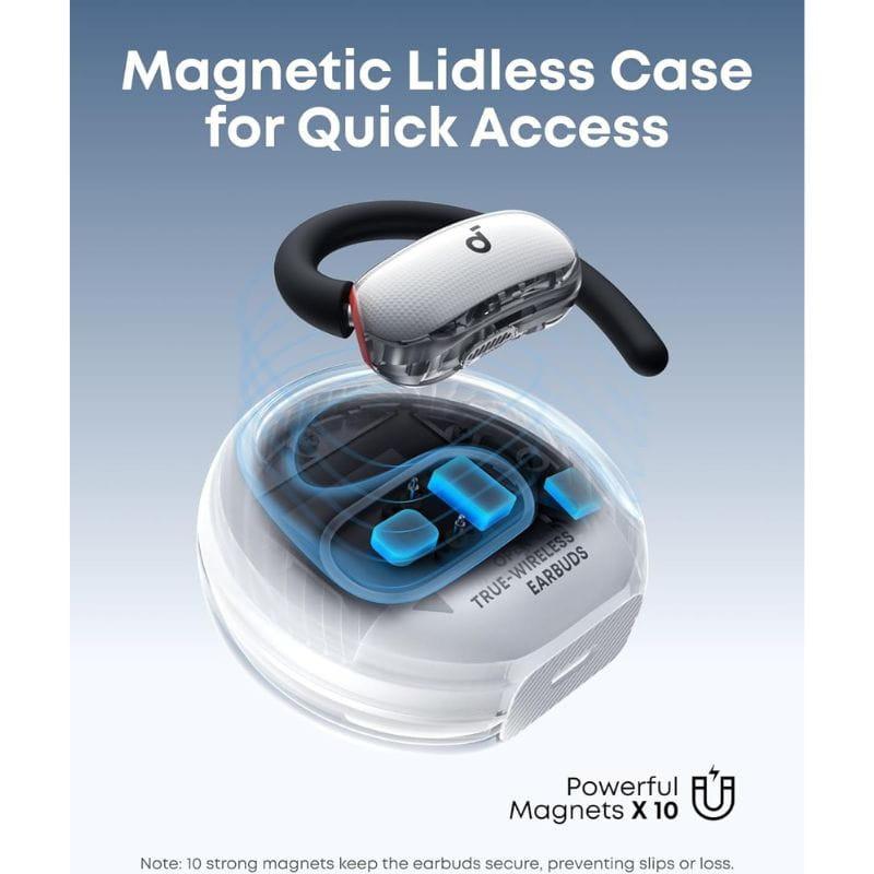 Soundcore V40i Blanco auriculares Bluetooth con estuche magnético sin tapa, acceso rápido. Diseño ergonómico con gancho y detalles transparentes.