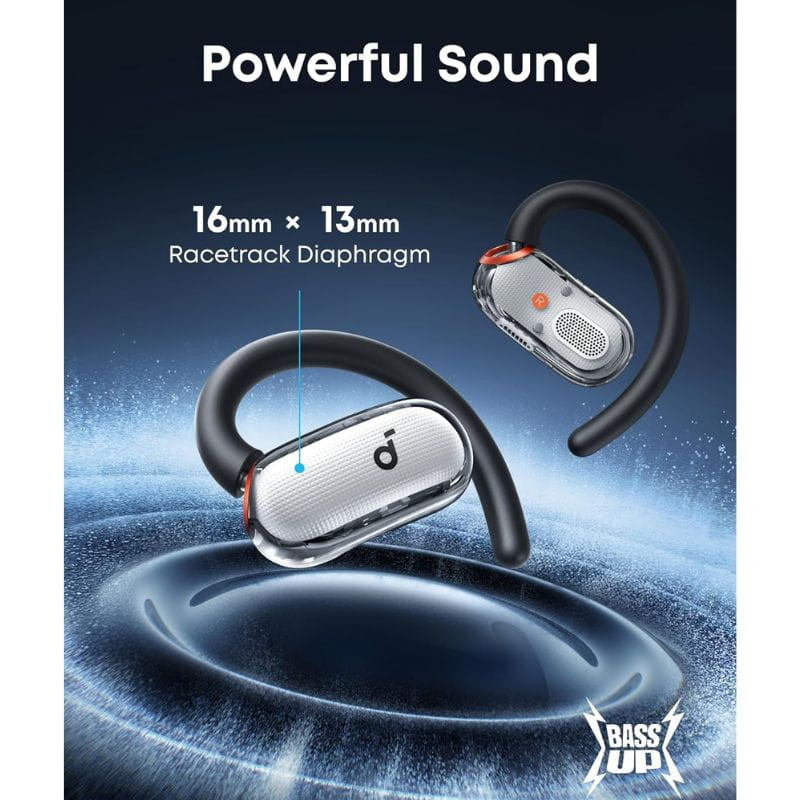 Soundcore V40i Blanco - Auriculares Bluetooth con ganchos ergonómicos, cápsulas plateadas, rejilla frontal con logo d y detalle naranja; diafragma 16x13 mm