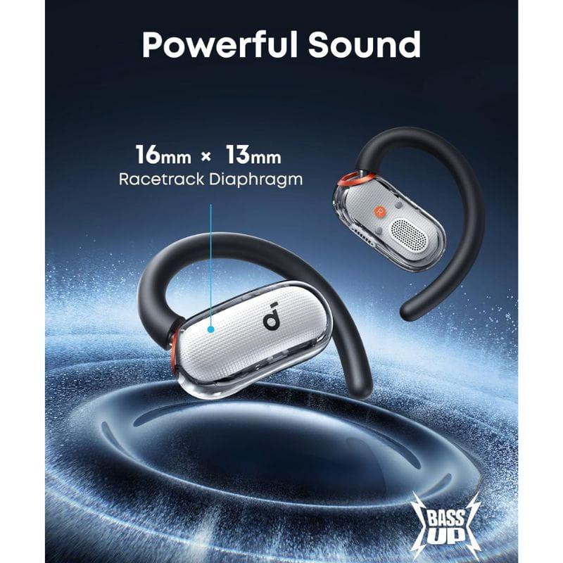 Soundcore V40i Blanco - Auriculares Bluetooth con ganchos ergonómicos, cápsulas plateadas, rejilla frontal con logo d y detalle naranja; diafragma 16x13 mm