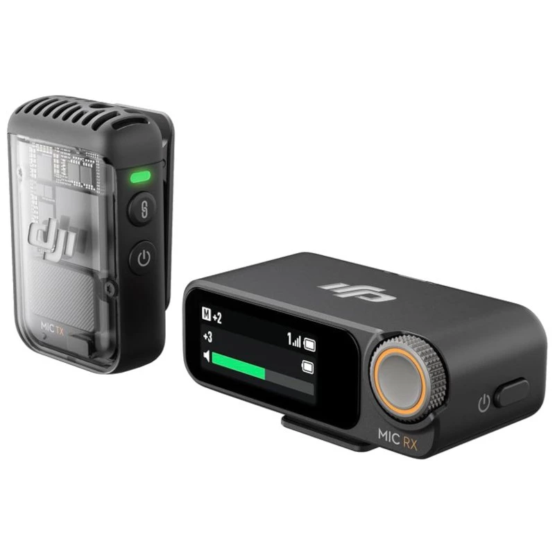DJI Mic 2 1 TX + 1 RX micrófono inalámbrico compacto con transmisor clip transparente y receptor con pantalla OLED, rueda de control y botón REC