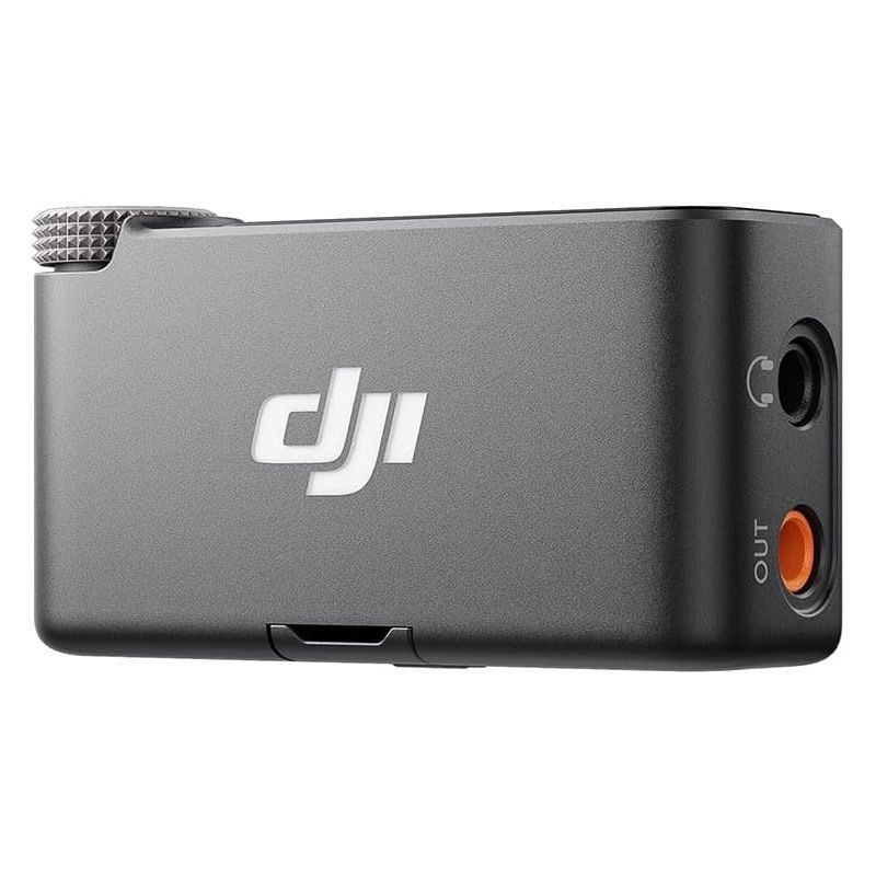 DJI Mic 2 1 TX + 1 RX Microfone sem fios: módulo cinza compacto com logo dji, porta OUT laranja e entrada de fones, acabamento metálico elegante