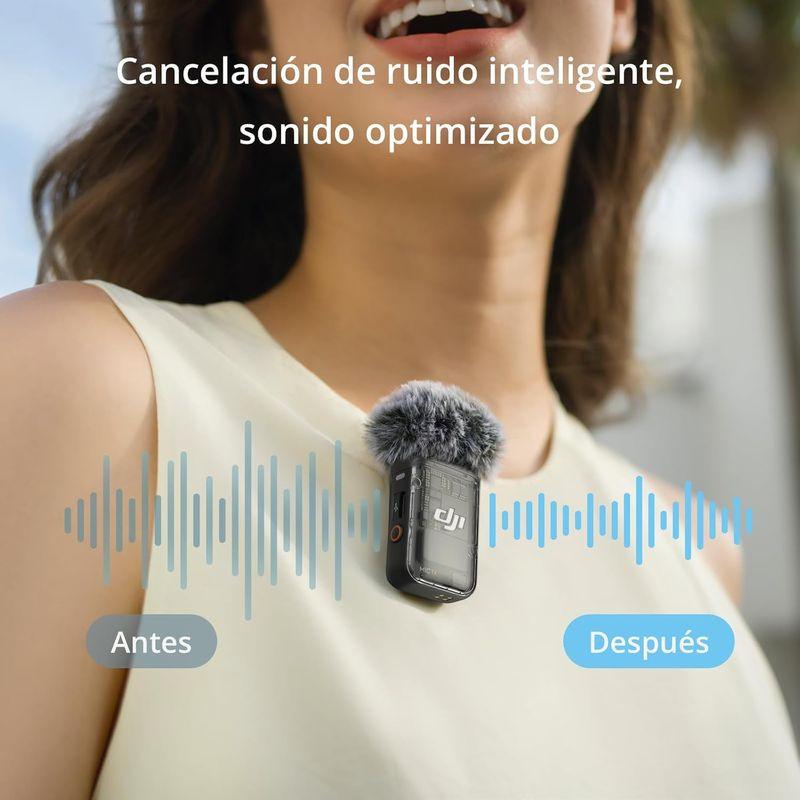 DJI Mic 2 com transmissor preso à roupa e deadcat peludo; captação clara com cancelamento de ruído inteligente, visual de ondas Antes e Depois