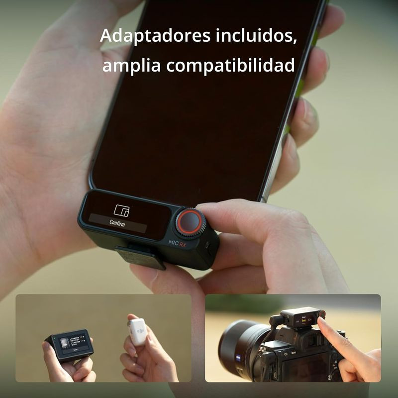 DJI Mic 2 1 TX + 1 RX com adaptadores para smartphone e câmera, display no receptor, botão REC vermelho e design compacto para captação móvel