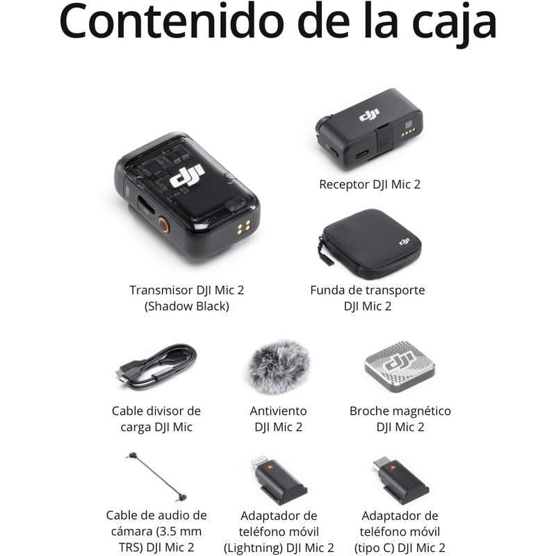 Kit DJI Mic 2 com transmissor Shadow Black e receptor, case de transporte, cabo TRS 3,5 mm, antiventos, broche magnético e adaptadores Lightning e USB‑C