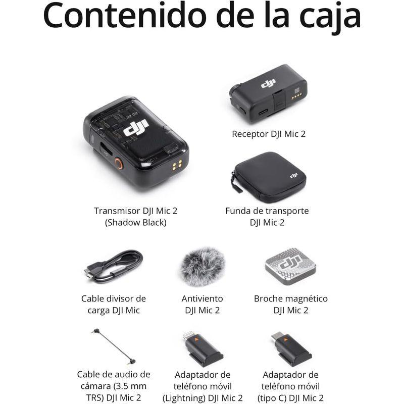 Kit DJI Mic 2 com transmissor Shadow Black e receptor, case de transporte, cabo TRS 3,5 mm, antiventos, broche magnético e adaptadores Lightning e USB‑C