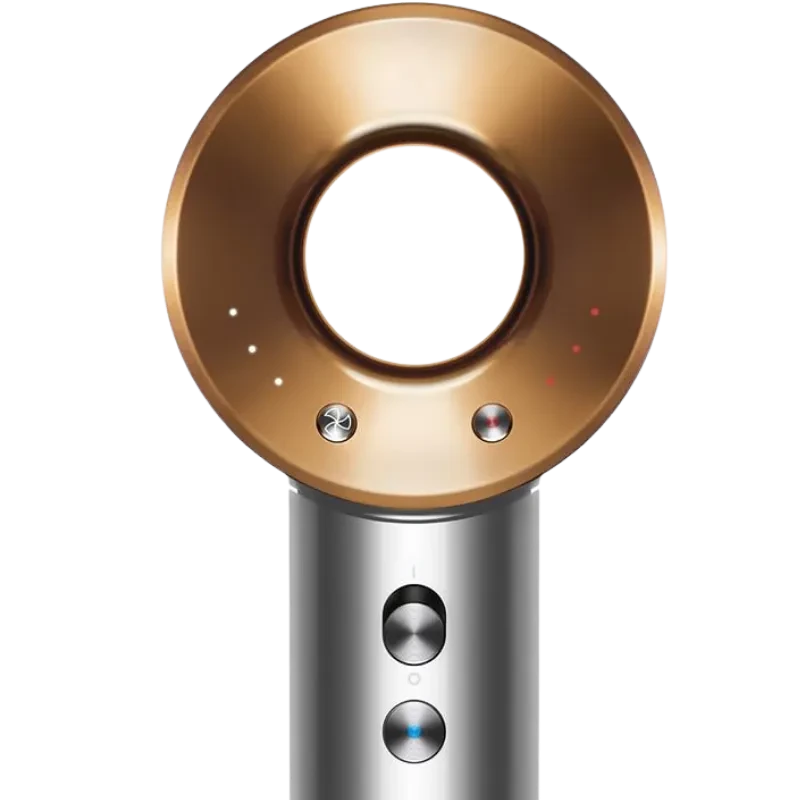 Dyson Supersonic HD07 níquel y cobre, cabezal anular sin aspas con botones frontales y luces LED de estado; diseño metálico premium y ergonómico