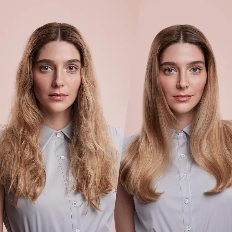 Antes y después con Dyson Supersonic HD07 Níquel/Cobre: cabello encrespado a liso y brillante, acabado pulido y uniforme gracias al control inteligente de